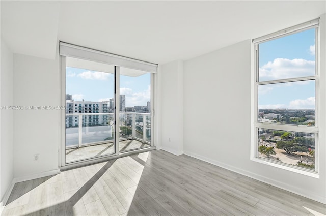 spare room with floor to ceiling windows and light hardwood / wood-style floors