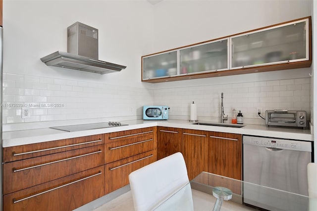 kitchen featuring black electric stovetop, dishwasher, sink, decorative backsplash, and extractor fan