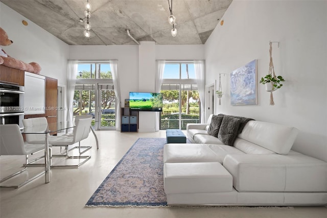 living room featuring a towering ceiling