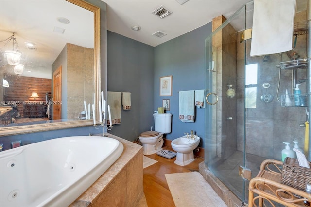 bathroom featuring independent shower and bath, a bidet, toilet, and wood-type flooring