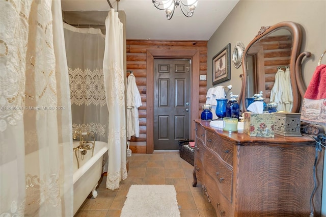 bathroom with log walls, vanity, and shower / bath combination with curtain