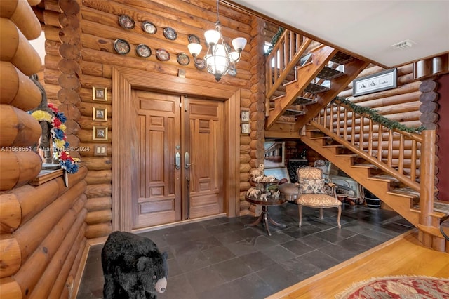 interior space with rustic walls and dark hardwood / wood-style floors