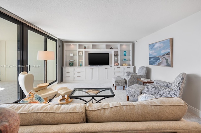 living room with light colored carpet and a textured ceiling