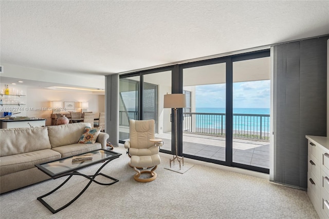 carpeted living room featuring a water view, a textured ceiling, and expansive windows