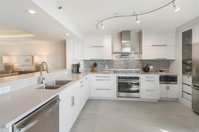 kitchen with white cabinetry, wall chimney range hood, stainless steel appliances, sink, and tasteful backsplash