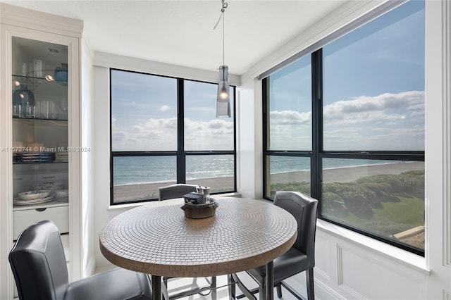 dining room featuring a water view and plenty of natural light