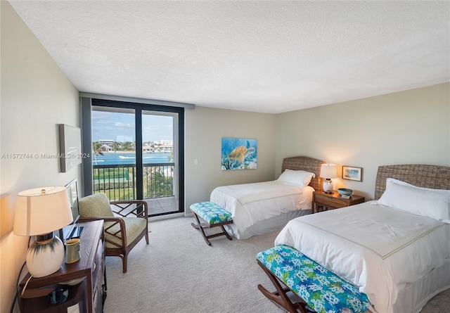 bedroom featuring light carpet, a water view, access to exterior, and a textured ceiling