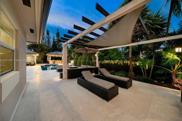 patio terrace at dusk with a fenced in pool, an outdoor living space, and a pergola