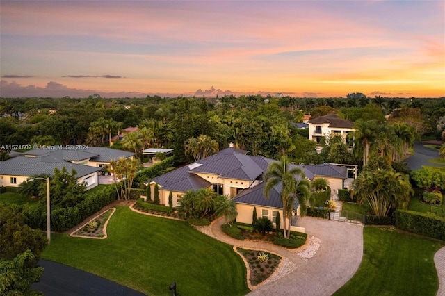 view of aerial view at dusk