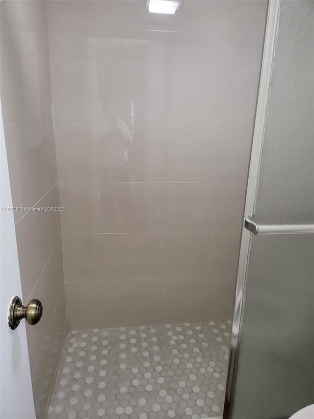 bathroom with a shower with shower door