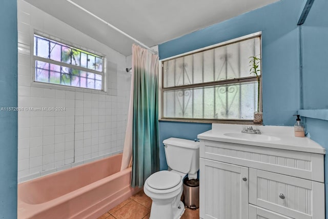 full bathroom featuring shower / bath combination with curtain, tile floors, toilet, and large vanity