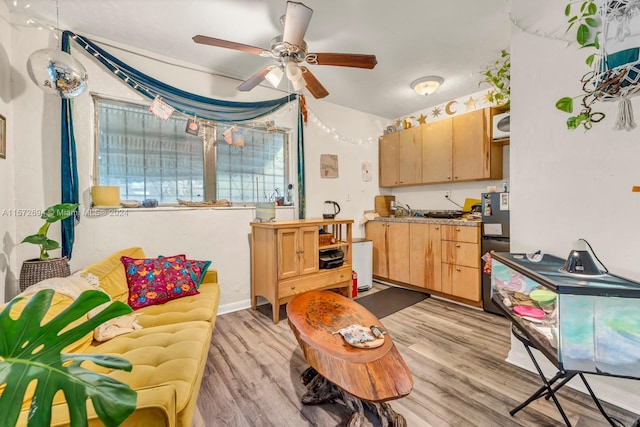 interior space featuring light hardwood / wood-style flooring and ceiling fan