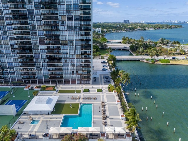 drone / aerial view featuring a water view