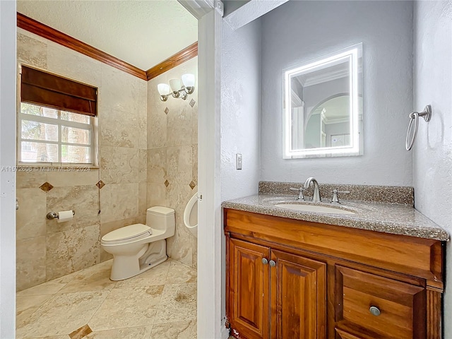 bathroom with ornamental molding, a textured ceiling, vanity, tile walls, and toilet