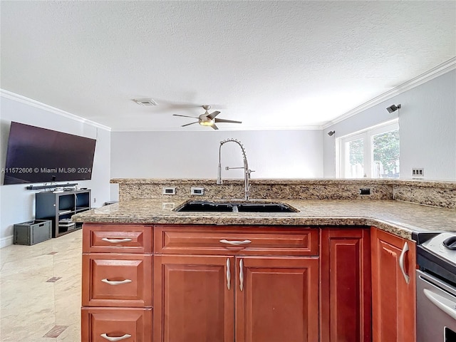 kitchen with stainless steel electric range oven, ceiling fan, ornamental molding, and sink