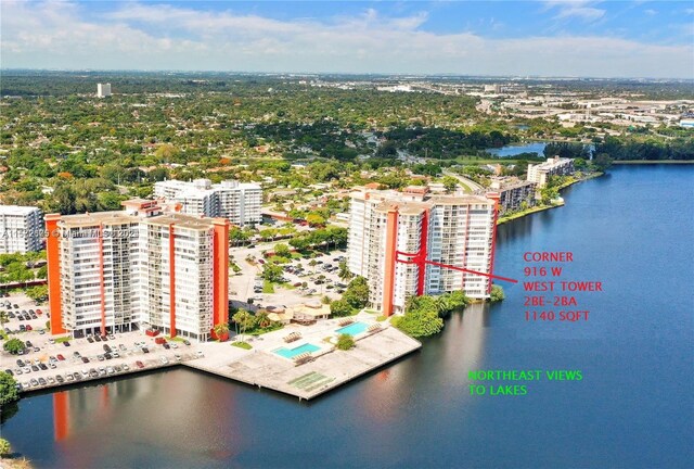 aerial view featuring a water view