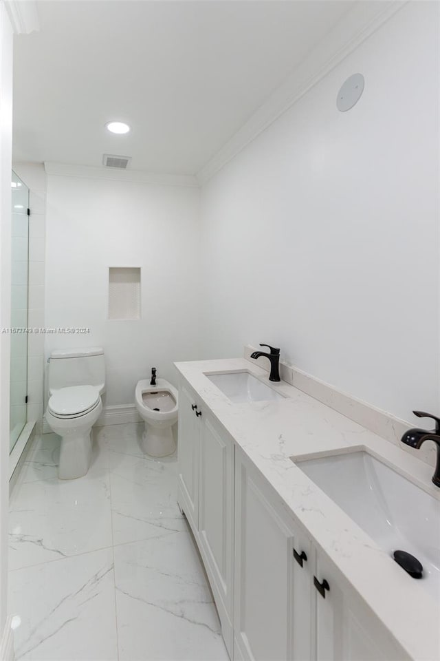 bathroom featuring toilet, a bidet, ornamental molding, vanity, and walk in shower