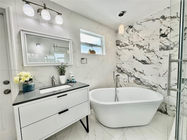 bathroom featuring a bath, tile walls, and vanity