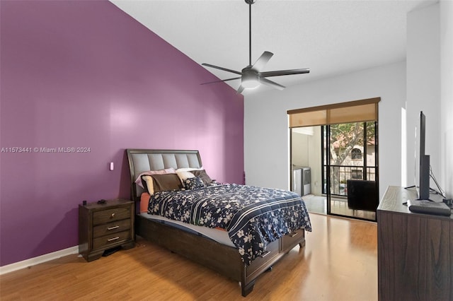 bedroom featuring light hardwood / wood-style flooring, high vaulted ceiling, ceiling fan, and access to exterior