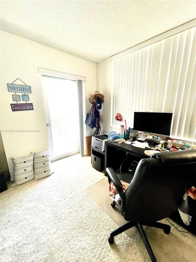 office area featuring carpet flooring and a textured ceiling