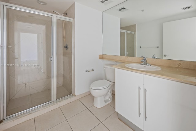 bathroom with toilet, a stall shower, visible vents, and tile patterned floors