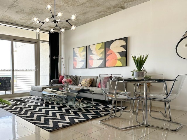 tiled living room with plenty of natural light and a chandelier