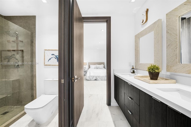 bathroom with tile floors, an enclosed shower, toilet, and dual bowl vanity