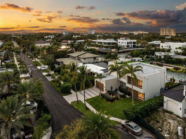 view of aerial view at dusk