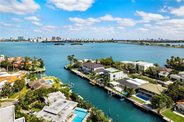 bird's eye view with a water view