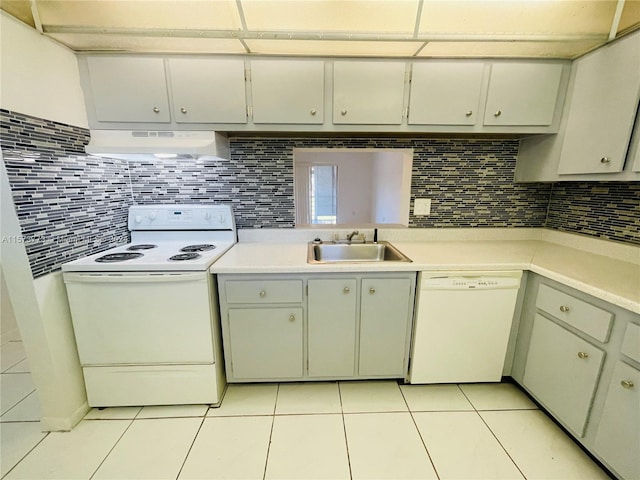 kitchen featuring backsplash, wall chimney range hood, white appliances, and sink