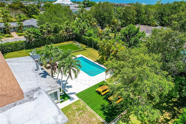 view of swimming pool featuring a yard and a patio