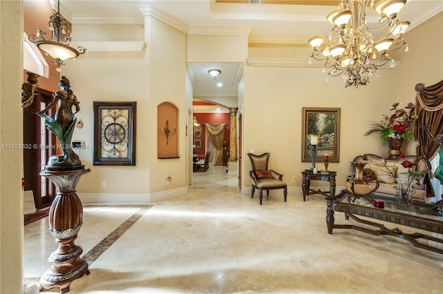 interior space with a chandelier, crown molding, and tile flooring