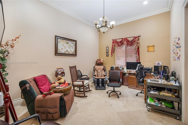 tiled home office featuring ornamental molding and a notable chandelier