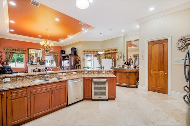 kitchen featuring decorative light fixtures, beverage cooler, sink, light stone counters, and dishwasher