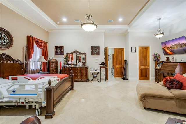 bedroom with crown molding and tile floors