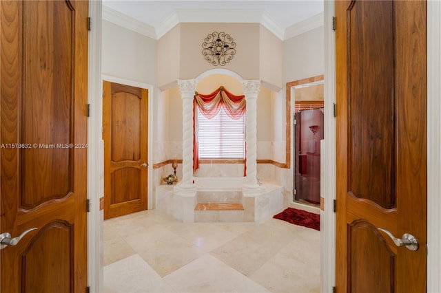 bathroom with crown molding, tile floors, separate shower and tub, and ornate columns