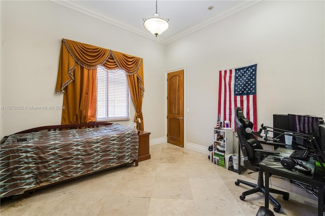 office area featuring tile flooring and ornamental molding