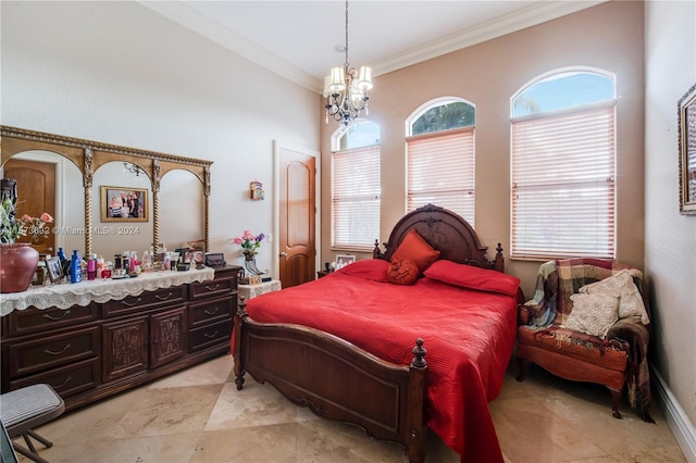 tiled bedroom with a chandelier and crown molding