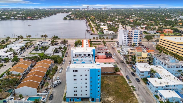 drone / aerial view with a water view