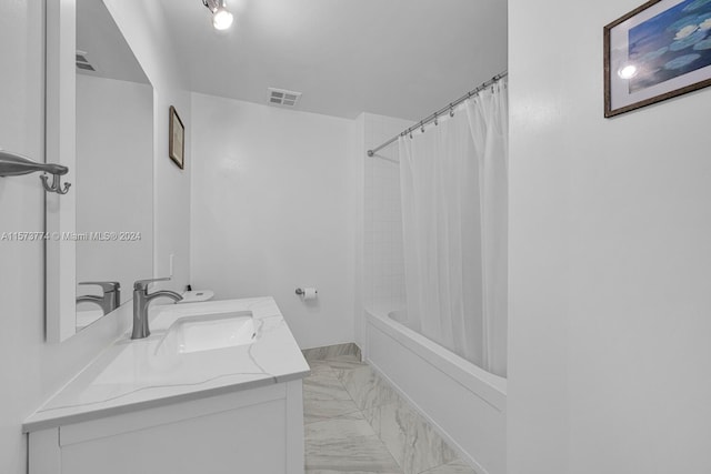 bathroom featuring shower / tub combo, tile flooring, and vanity