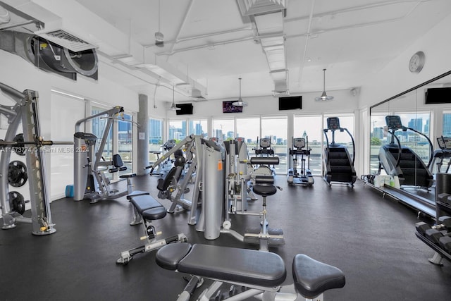 exercise room featuring a high ceiling and a wealth of natural light