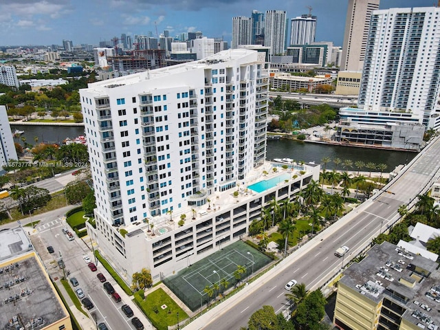 birds eye view of property featuring a water view