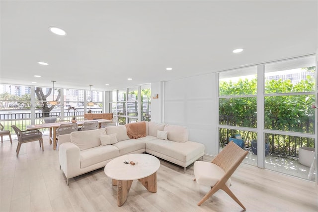 living room featuring light hardwood / wood-style flooring and a wall of windows