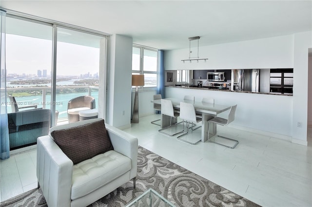 living room featuring a water view and light hardwood / wood-style floors