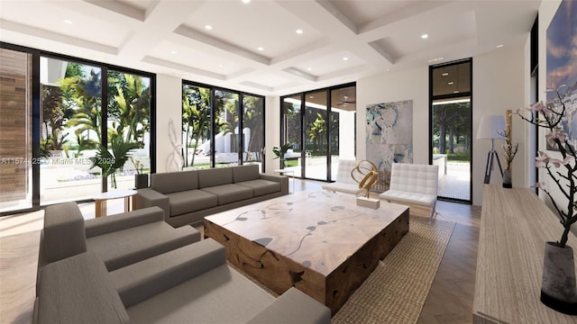 living area featuring expansive windows, coffered ceiling, beamed ceiling, and recessed lighting