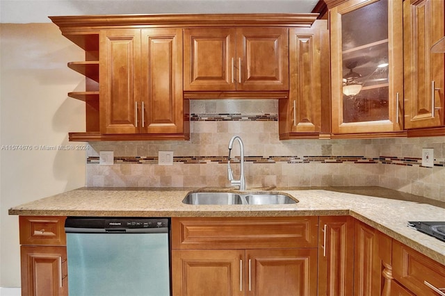 kitchen featuring backsplash, black electric cooktop, dishwasher, and sink