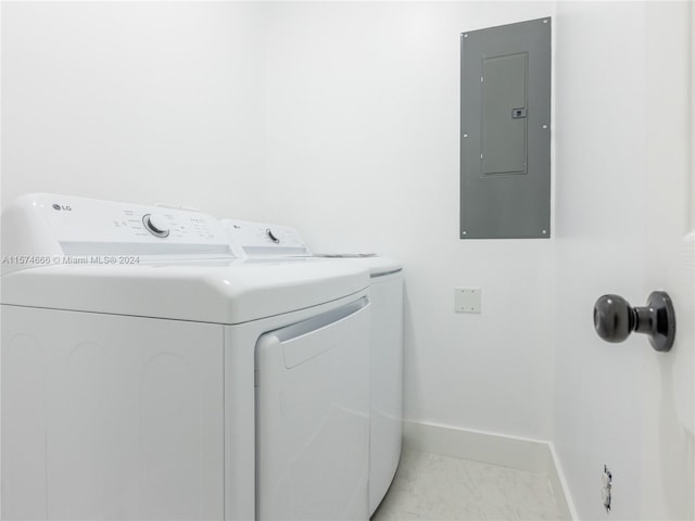 laundry area with electric panel and washing machine and dryer