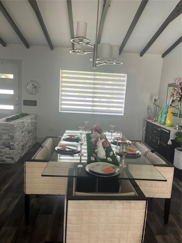 dining area with beamed ceiling, a chandelier, and wood-type flooring