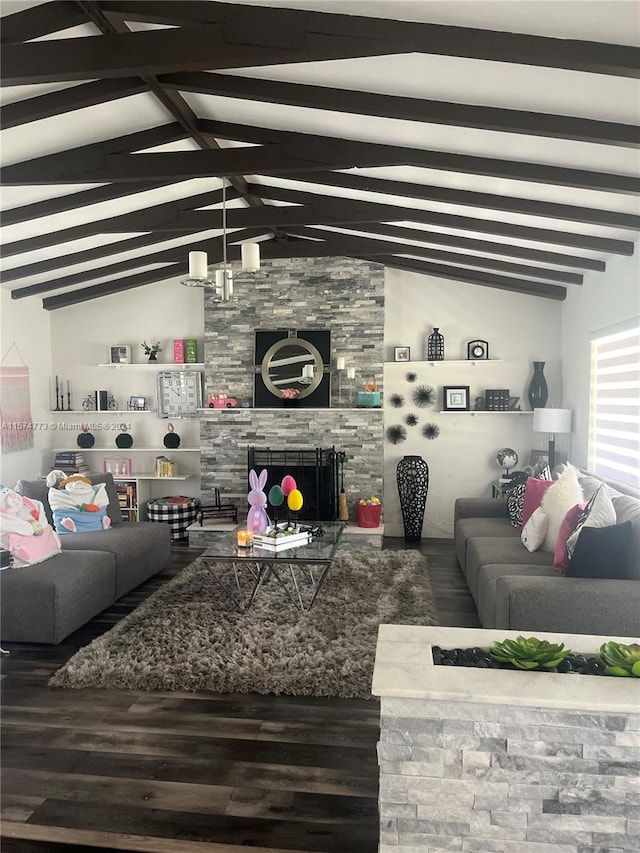 living room featuring a stone fireplace, vaulted ceiling with beams, and dark hardwood / wood-style flooring