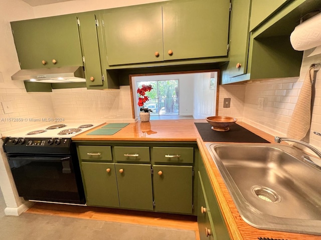 kitchen with black range with electric stovetop, wall chimney range hood, light wood-type flooring, and tasteful backsplash